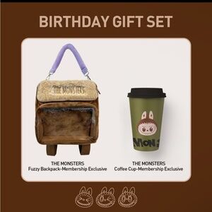 The Monsters fuzzy backpack and coffee cup